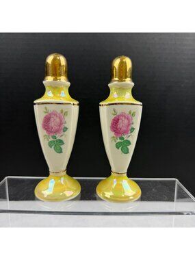Vintage Salt and Pepper Shakers Yellow Lusterware Pink Rose